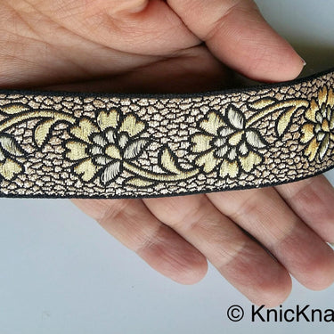 Black Fabric Lace With Floral Design, Gold And Pink /Blue /Gold/ Bronze Embroidered Trim, Approx. 30mm wide